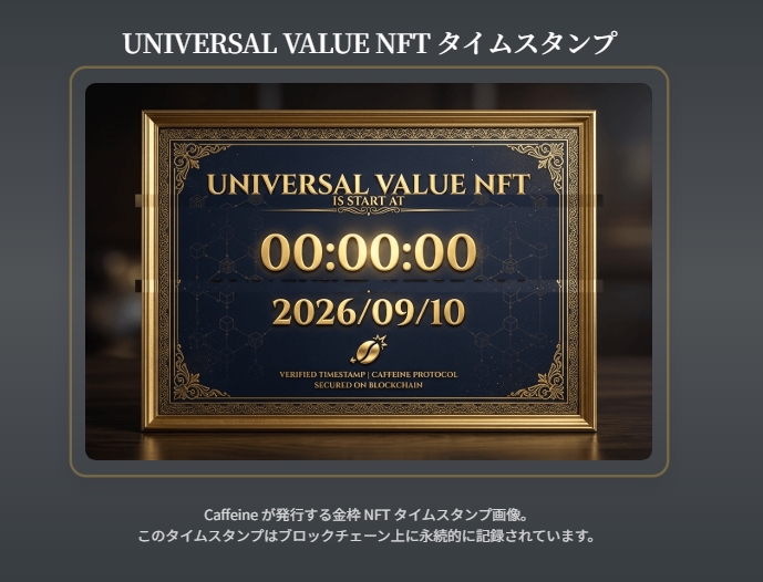 金枠のNFTタイムスタンプ画像。UNIVERSAL VALUE NFT の開始日時 00:00:00 2026/09/10 を表示。